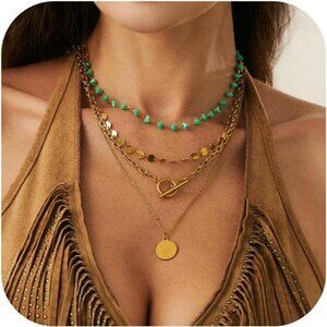 Layered Gold Chain Necklace Set | Turquoise & Coin Pendant